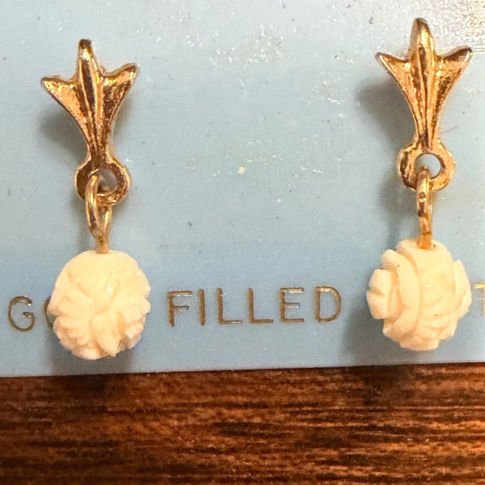 Gold Filled and Cream Coral Floral Drop Earrings
